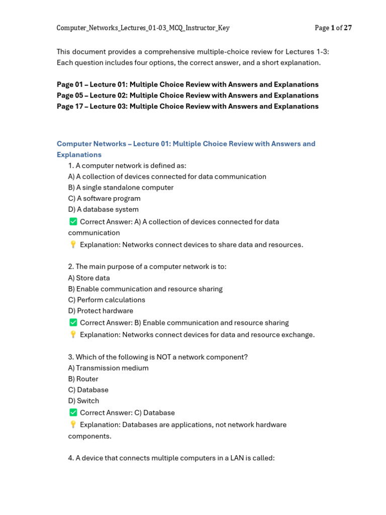 Computer Networks MCQ Review: Lectures 1-3 | PDF | Computer Network ...