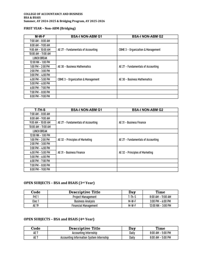 BSA and BSAIS Summer 2024 2025 Bridging 2025 2026 Schedule | PDF