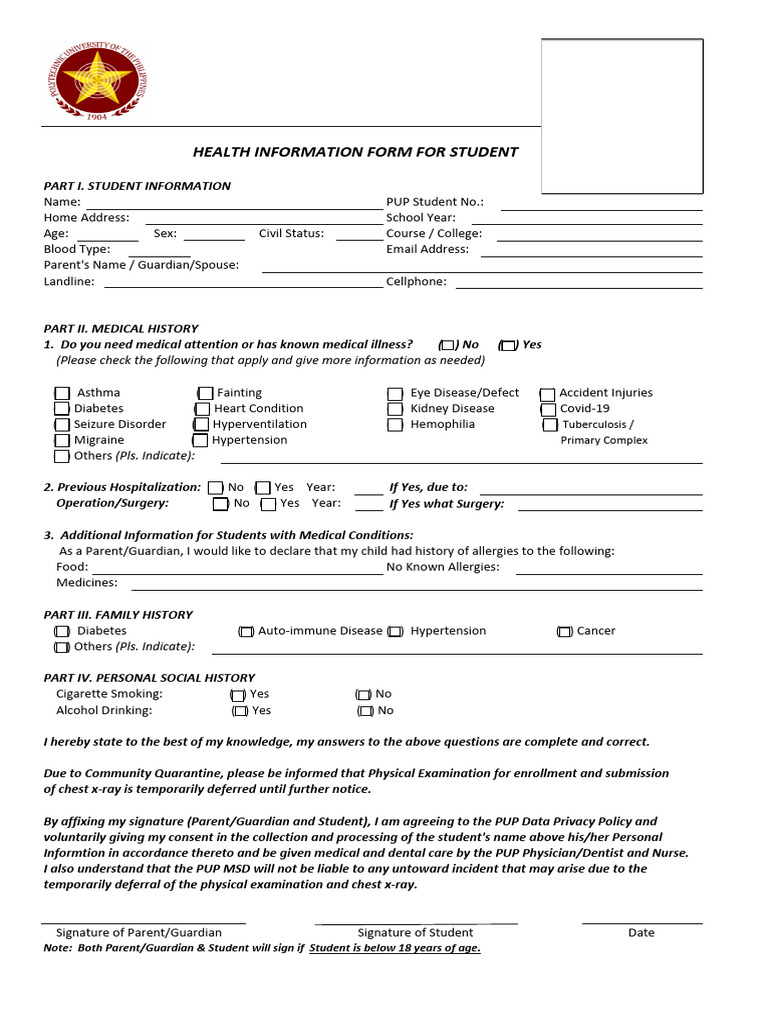 PUP Student Health Information Form | PDF | Hypertension | Physical ...