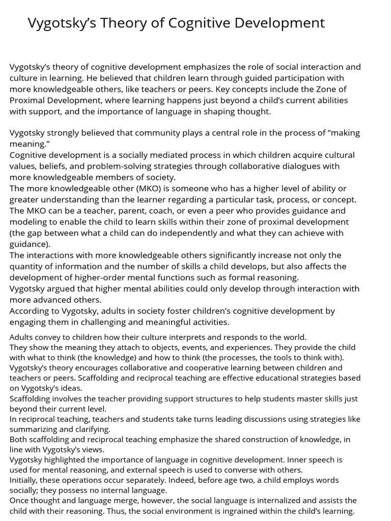 Vygotsky's Cognitive Development Theory | PDF | Learning | Cognitive ...