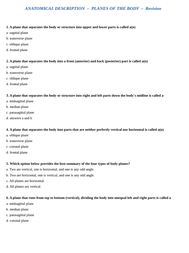 Anatomical Description Planes of The Body Revision | PDF