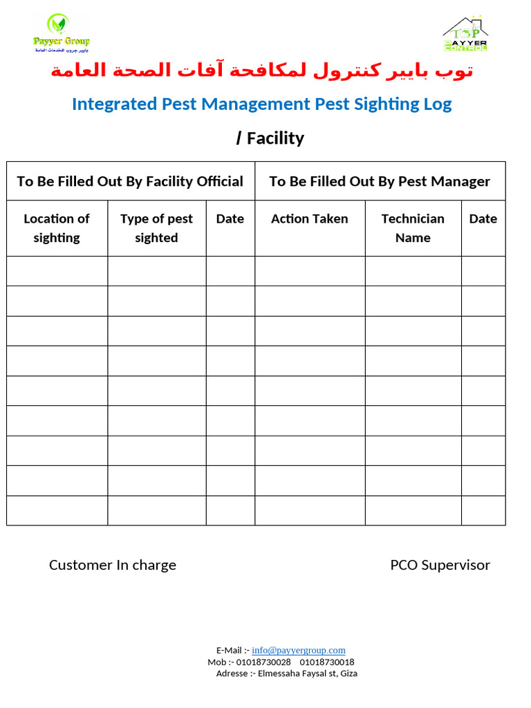 Pest Management Sightings Log Template | PDF