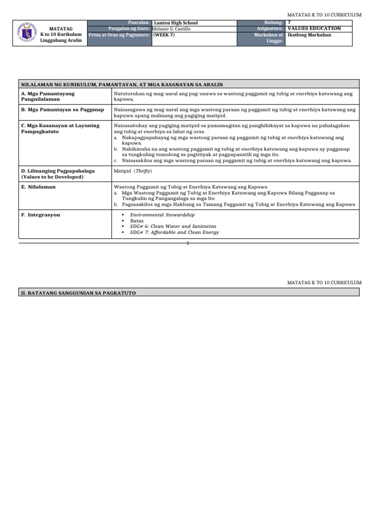 DLL Matatag - Values Education 7 q3 w7 | PDF
