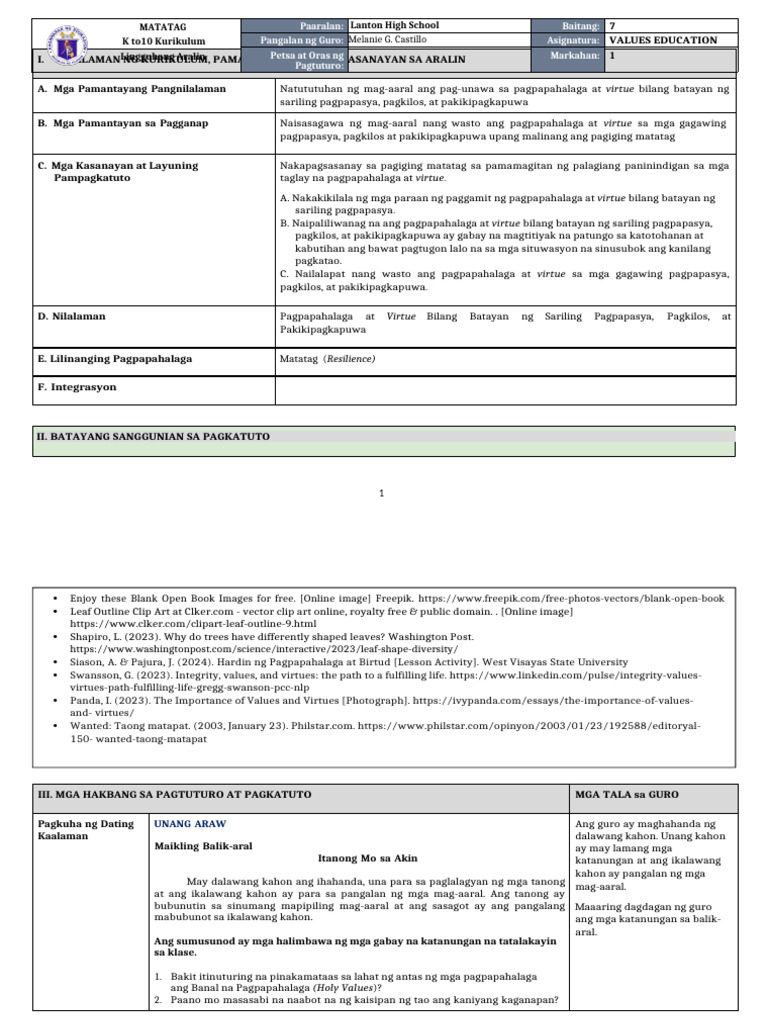 DLL Matatag - Values Education 7 q1 w4 | PDF