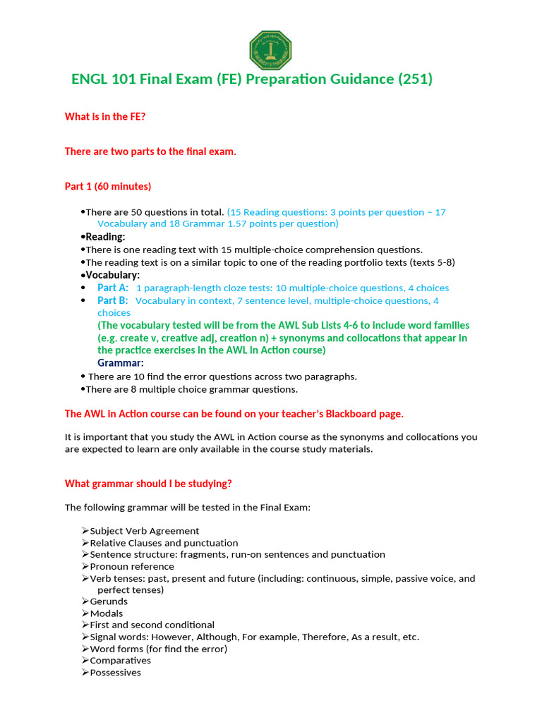 ENGL 101 Final Exam Prep Guide | PDF | Essays | Question