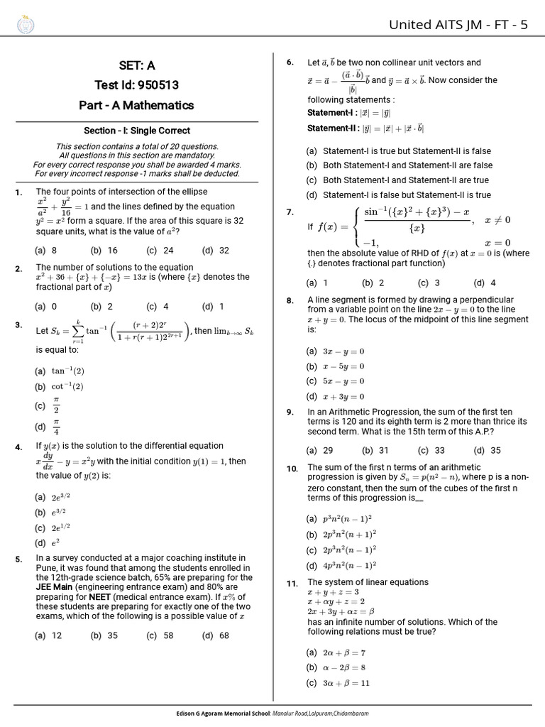 Mathematics Test Paper - A (20 Questions) | PDF | Nitrogen | Gases