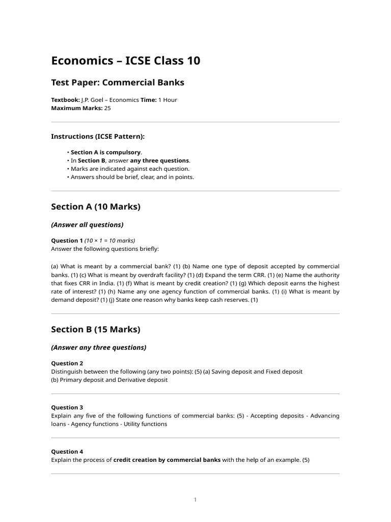 Commercial Banks - Icse Class 10 Test Paper (25 Marks) | PDF
