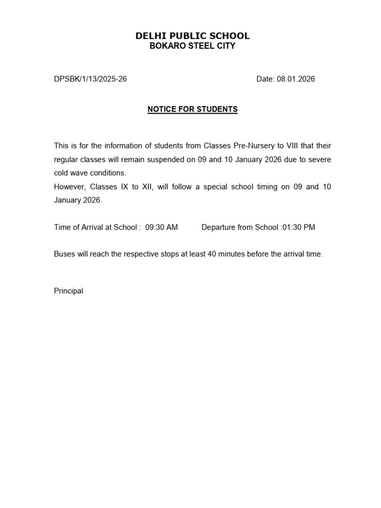 DPS Bokaro: Class Suspension Notice | PDF
