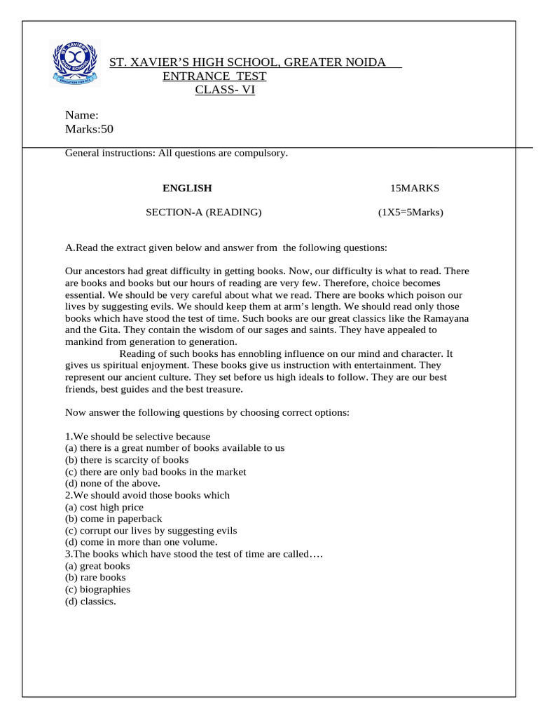 Grade VI Entrance Exam | PDF | Linguistics | Syntax