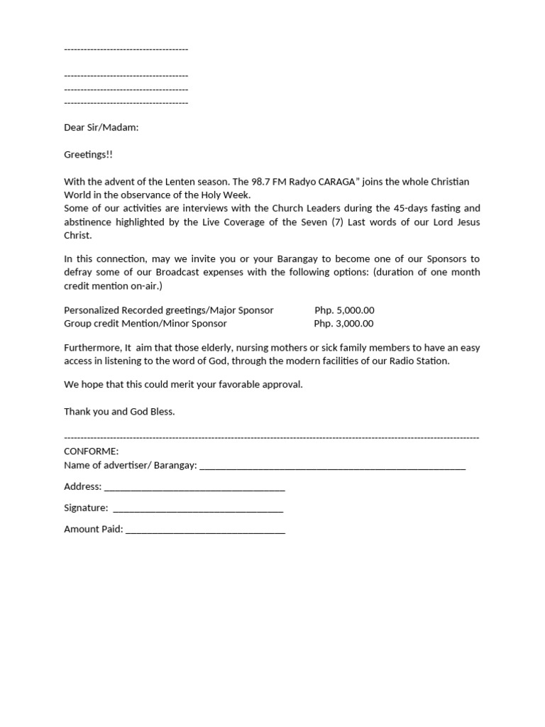 Lenten Sponsorship Invitation for Radio | PDF