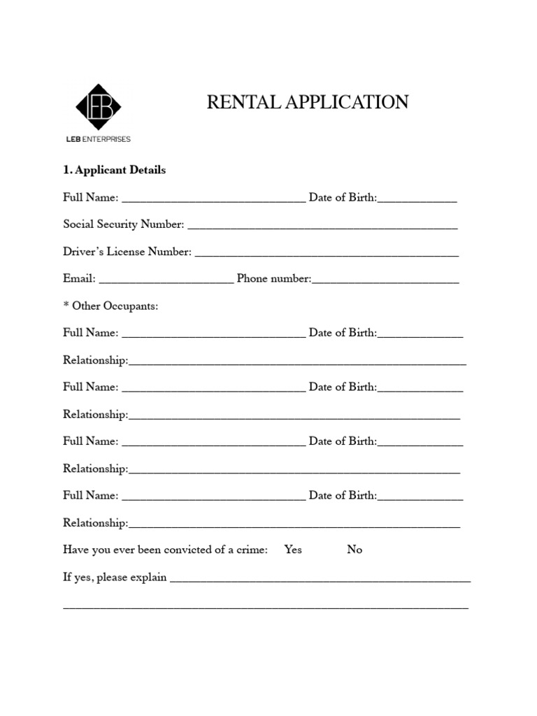 Rental Application Form Template | PDF | Landlord | Eviction