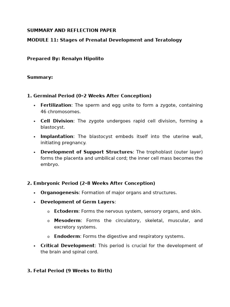 MODULE 11 Stages of Prenatal Development and Teratology | PDF ...