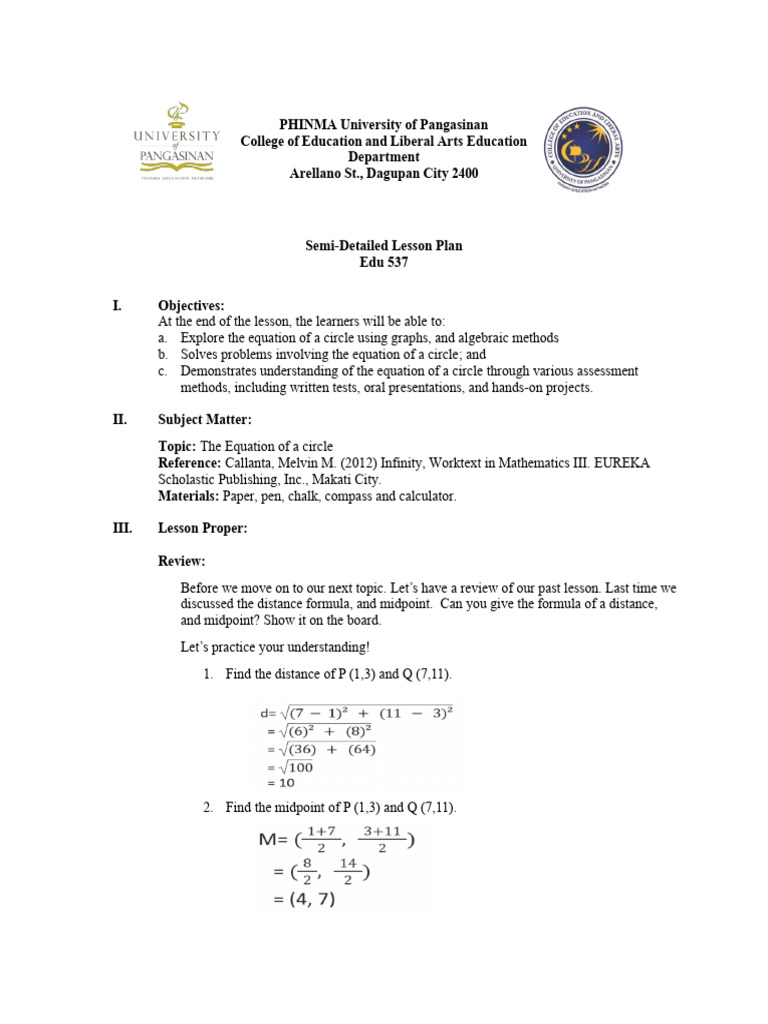 Lesson Plan: Equation of a Circle | PDF | Sphere | Circle