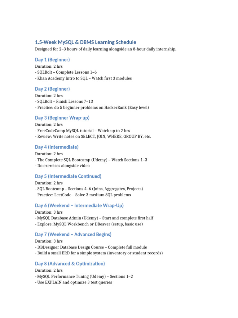 MySQL & DBMS 1.5-Week Learning Plan | PDF