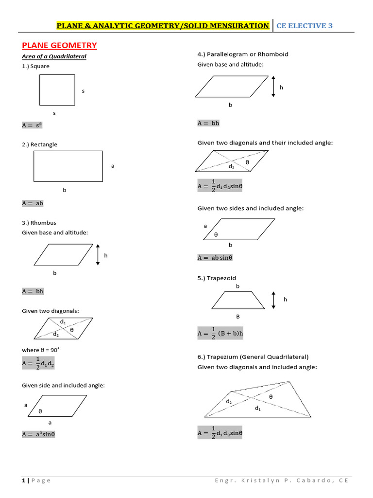 Plane Geometry and Solid Mensuration Guide | PDF | Area | Circle