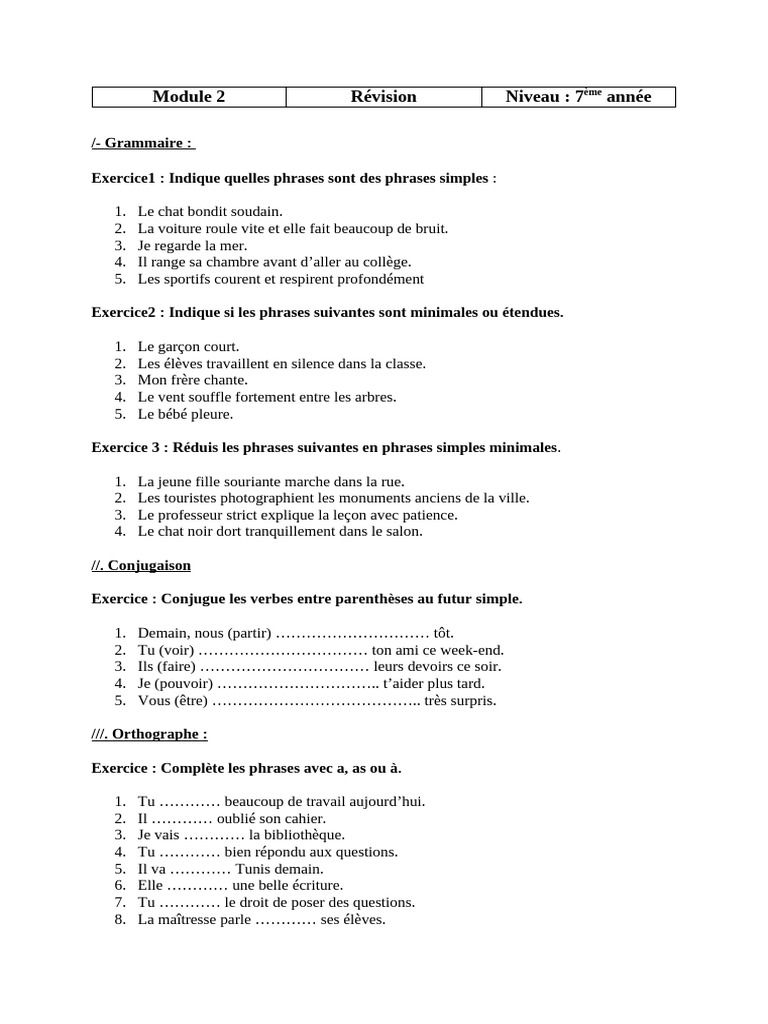 Grammaire 7ème : Phrases et Conjugaison | PDF