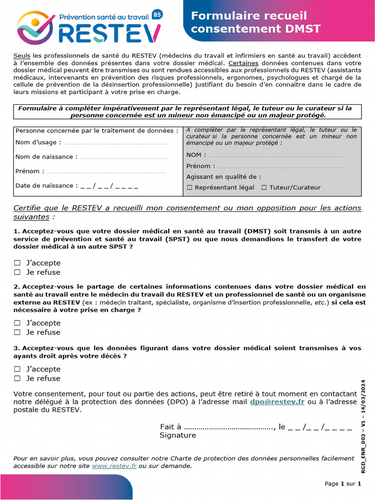 Formulaire de consentement DMST RESTEV | PDF | Allaitement | Soins de santé