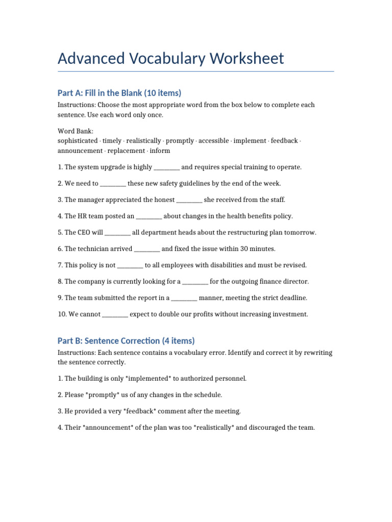 Advanced Vocabulary Practice Worksheet | PDF | Word | Language Mechanics