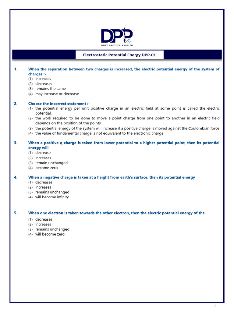 Electrostatic Potential Energy Questions | PDF | Potential Energy ...