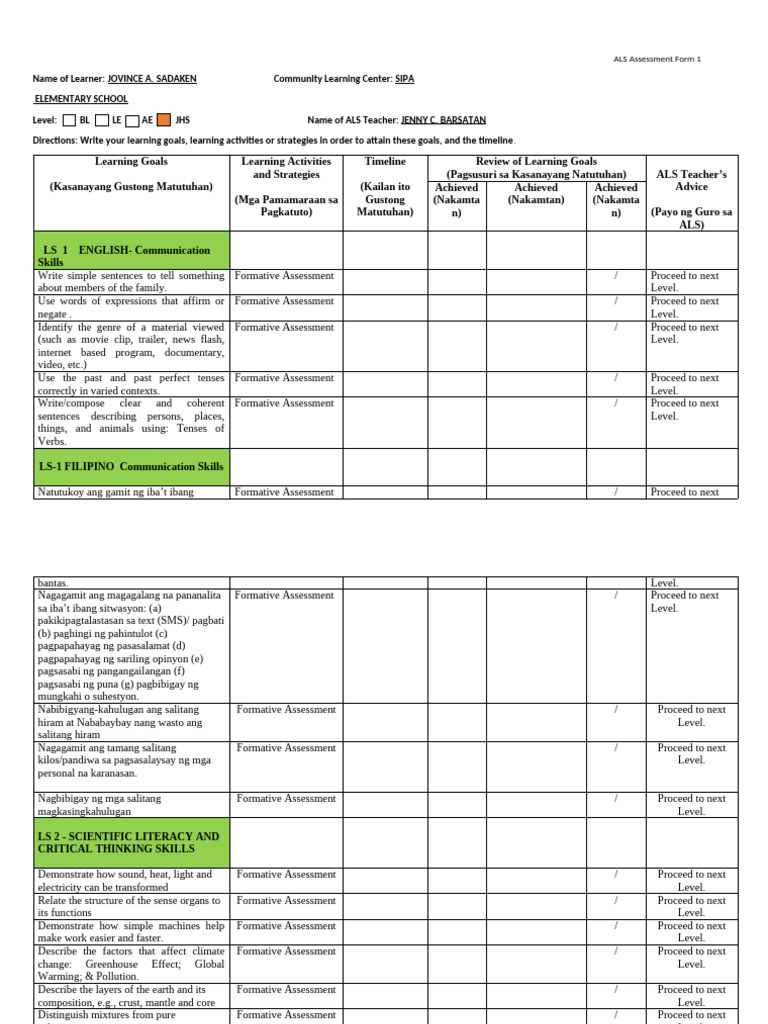ALS Assessment Form for Learner Goals | PDF | Multiplication