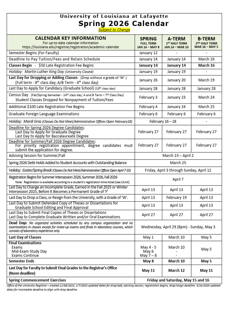 Spring 2026 Academic Calendar UL Lafayette | PDF | Thesis ...