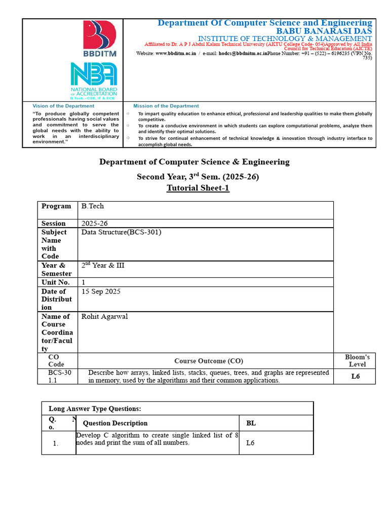DS TUT 1.docx | PDF | Computer Programming | Algorithms And Data Structures