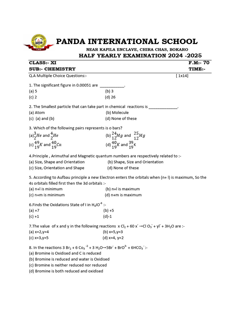 Chemistry Half-Yearly Exam XI 2024-25 | PDF | Mole (Unit) | Atoms