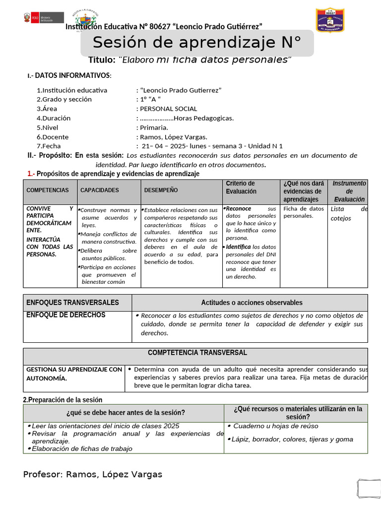 Seiones Aprendizaje Semana 3 Unidad 1 Del 21 Al 25-04-2025 | PDF ...