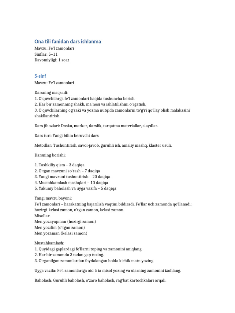Fe'l Zamonlari Dars Ishlanma 5-11 Sinf | PDF