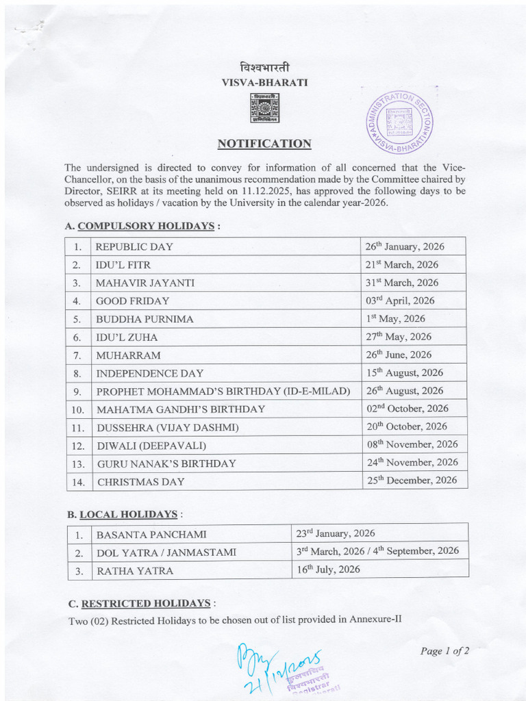 Holiday List 2026 | PDF
