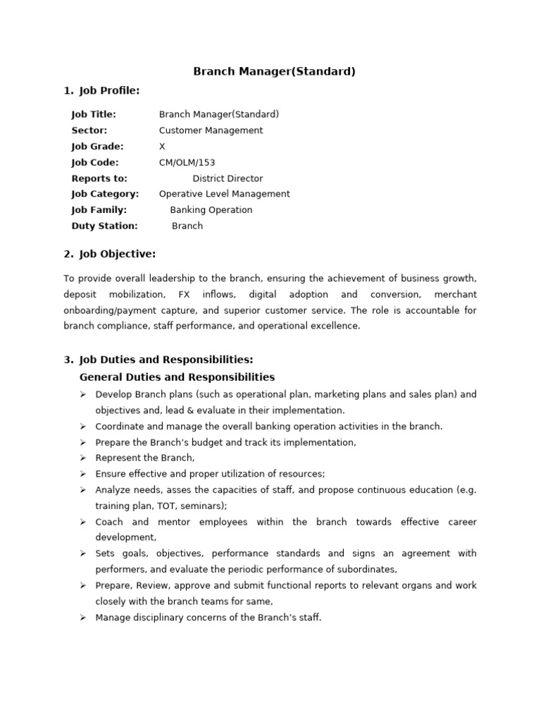 Branch Manager Job Description Guide | PDF | Banks | Customer ...