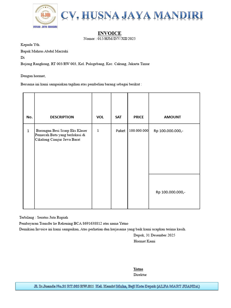 Invoice Pembelian Barang Rp 100 Juta | PDF