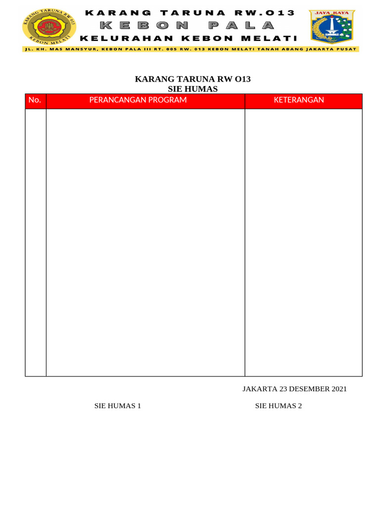 Program Kerja Karang Taruna RW O13 2021 | PDF