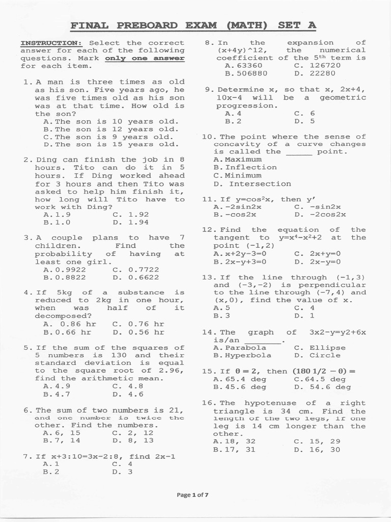 Final Preboard Math | PDF