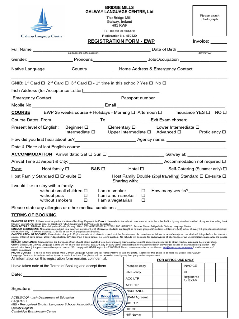 Galway Language Centre Registration Form | PDF | Visa Inc. | Payments