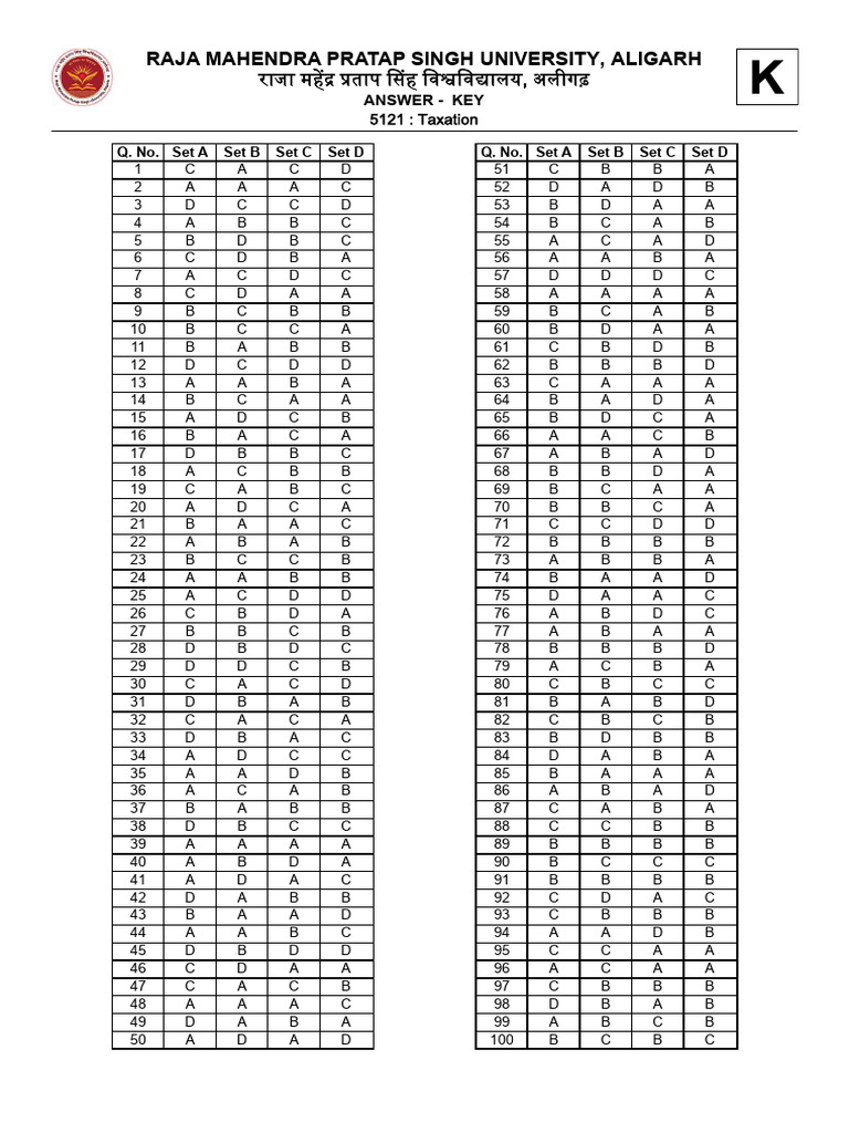Taxation Exam Answer Key | PDF
