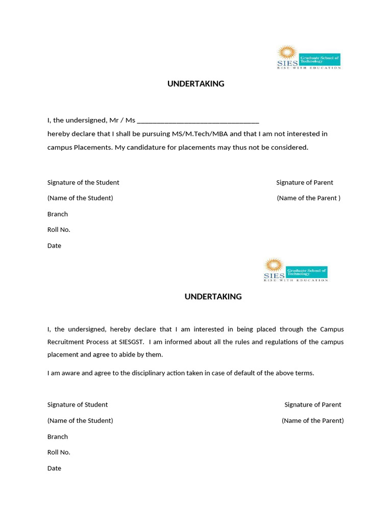 Campus Placement Undertaking Form | PDF