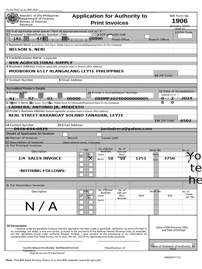 BIR Application for Invoice Printing | PDF | Invoice