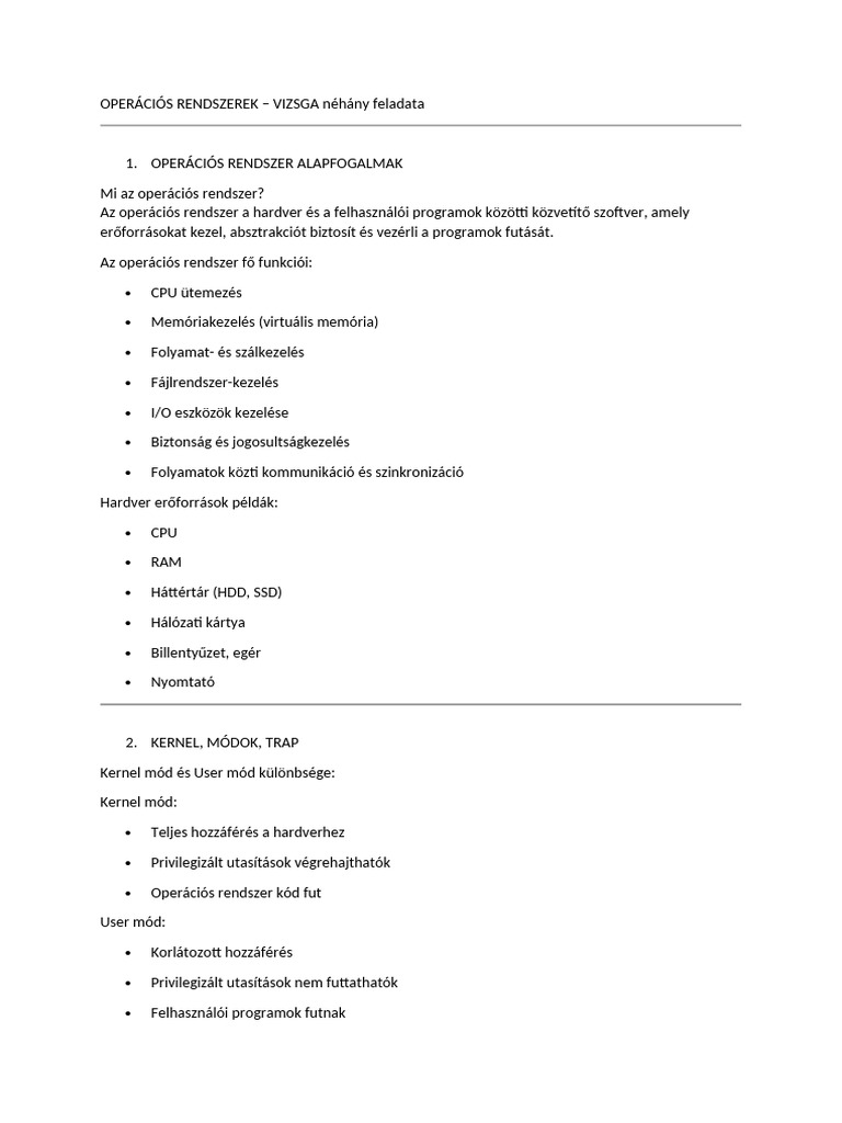 Operációs Rendszerek VIZSGA Néhány Feladata | PDF