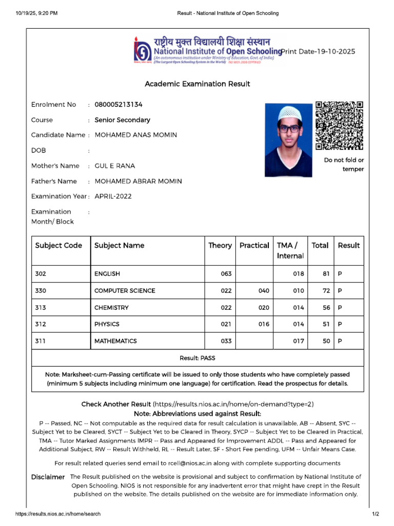 12th Marks Card | PDF