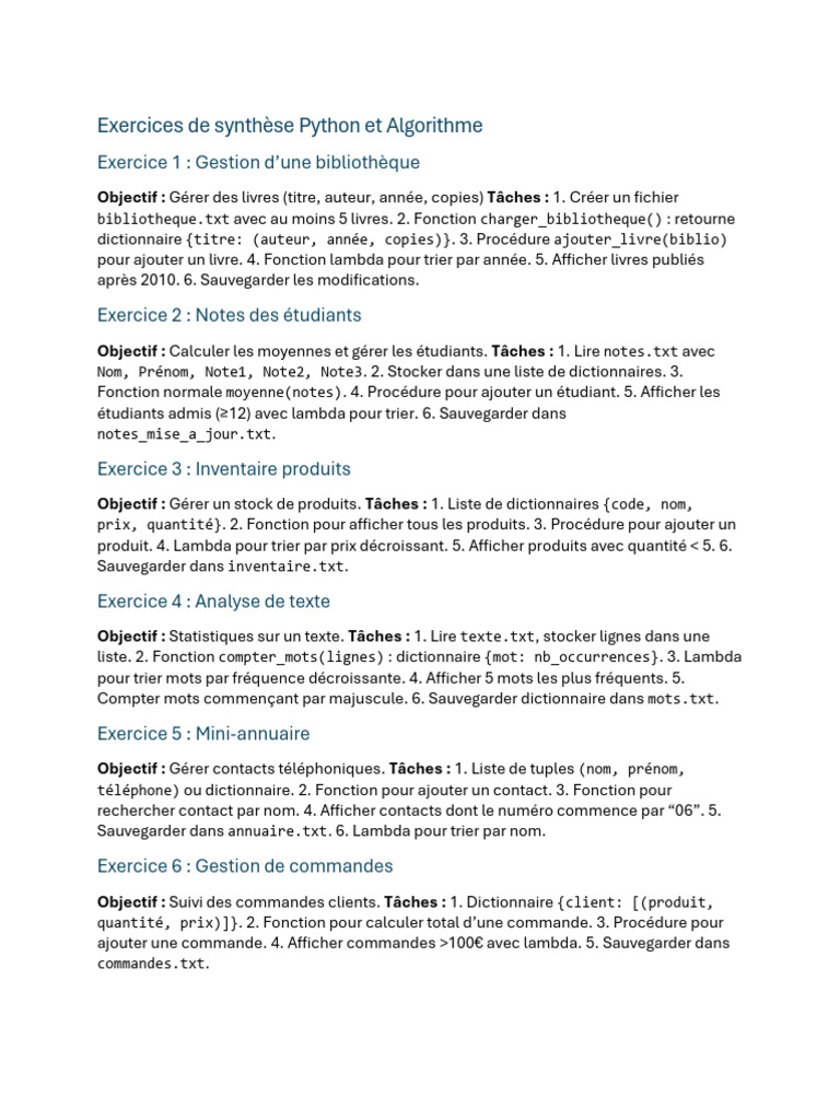 Exercices Synthese Python | PDF | Fichier texte | Informatique