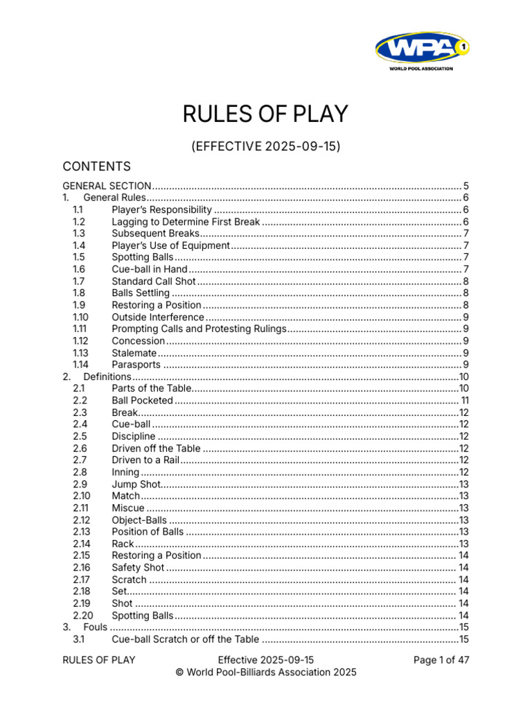 2025.09.15-WPA-Rules-NP | PDF | Pool (Cue Sports) | Cue Sports