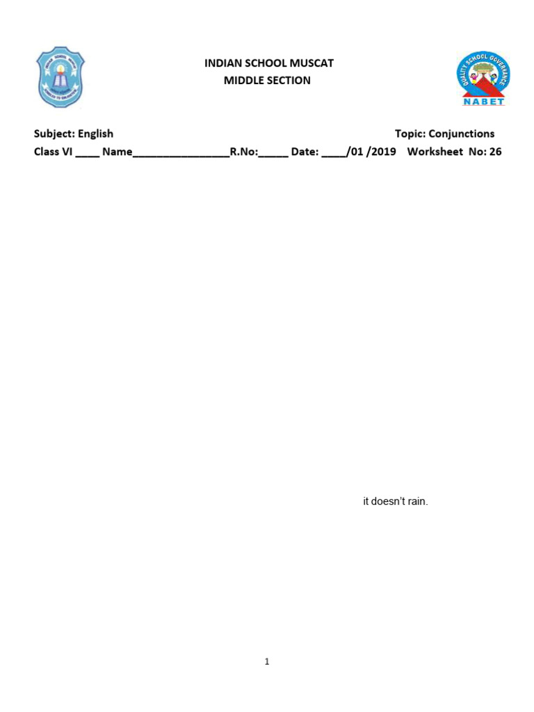 Conjunctions Worksheet for Class VI | PDF