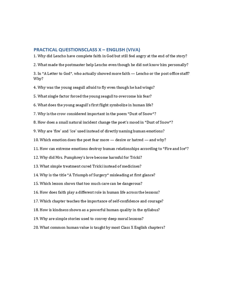 Class X English Exam Practice Questions | PDF