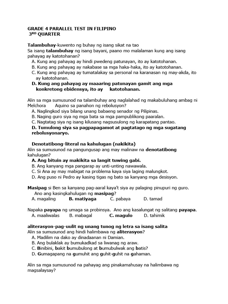 Grade 4 Parallel Test in Filipino | PDF
