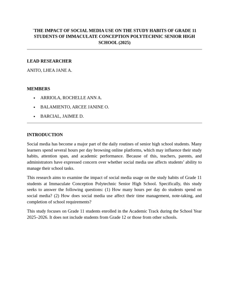 The Impact of Social Media Use on the Study Habits of Grade 11 Students ...