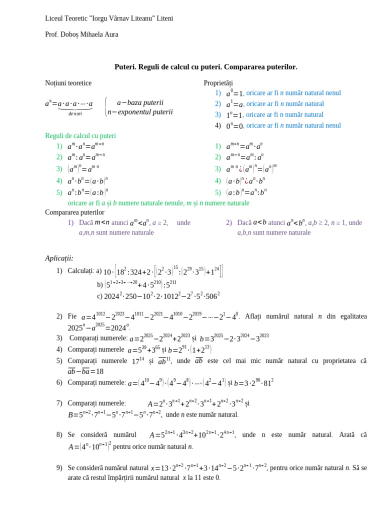 Puteri. Reguli de Calcul Cu Puteri. | PDF
