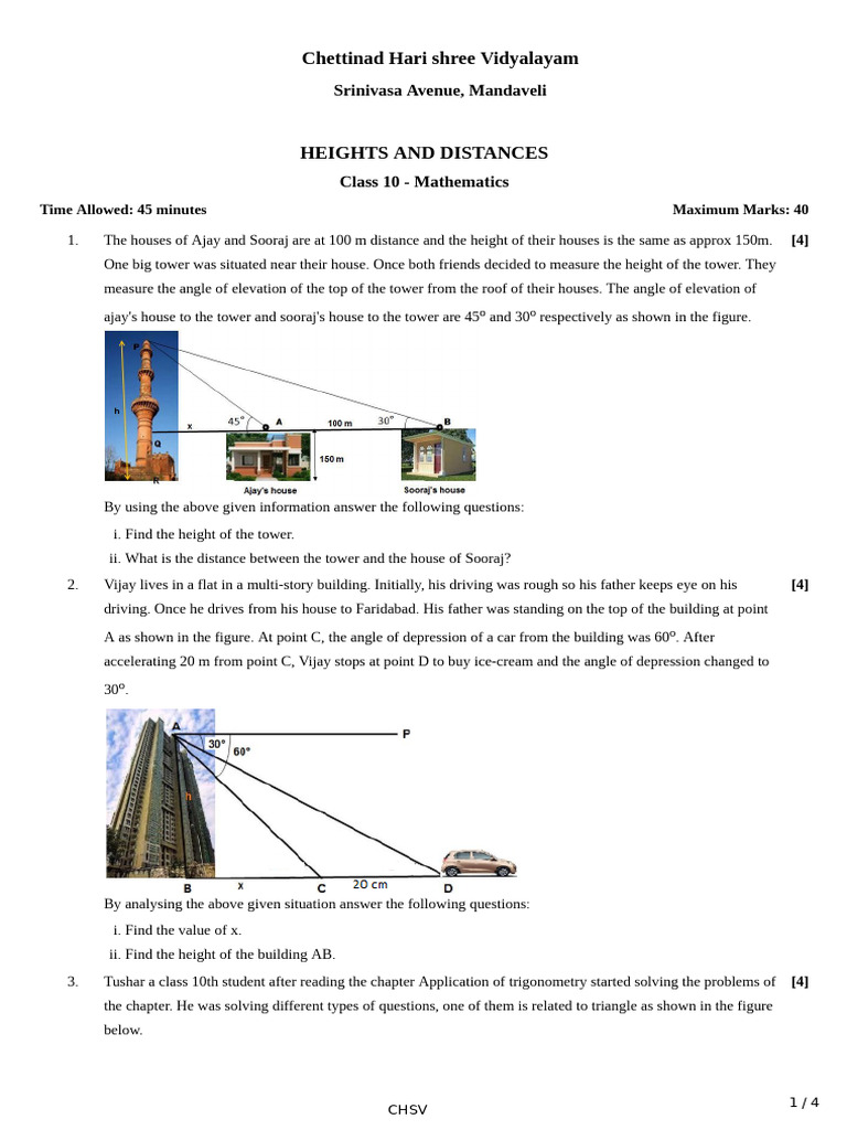 Class 10 Heights and Distances Math Problems | PDF | Angle | Elementary ...