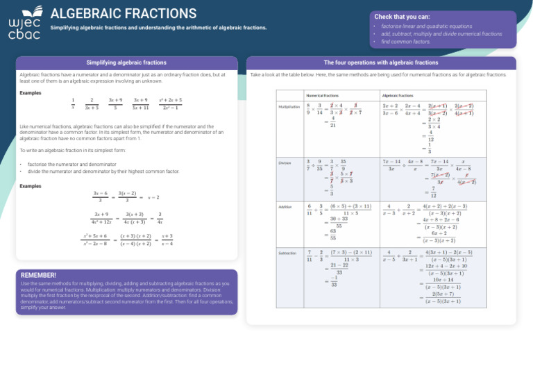 Simplifying Algebraic Fractions Guide | PDF | Multiplication | Subtraction