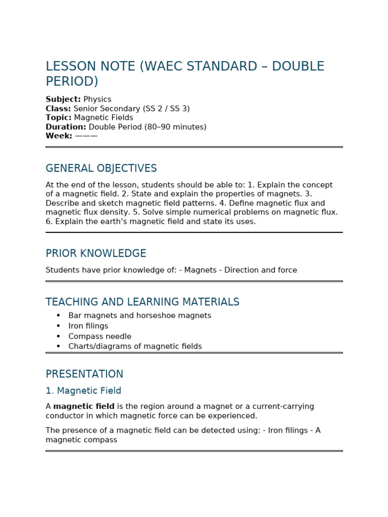Waec Physics Lesson Note – Magnetic Fields (1) | PDF | Magnetic Field ...